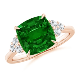 9mm AAAA Cushion Emerald Engagement Ring with Trio Diamonds in 10K Rose Gold