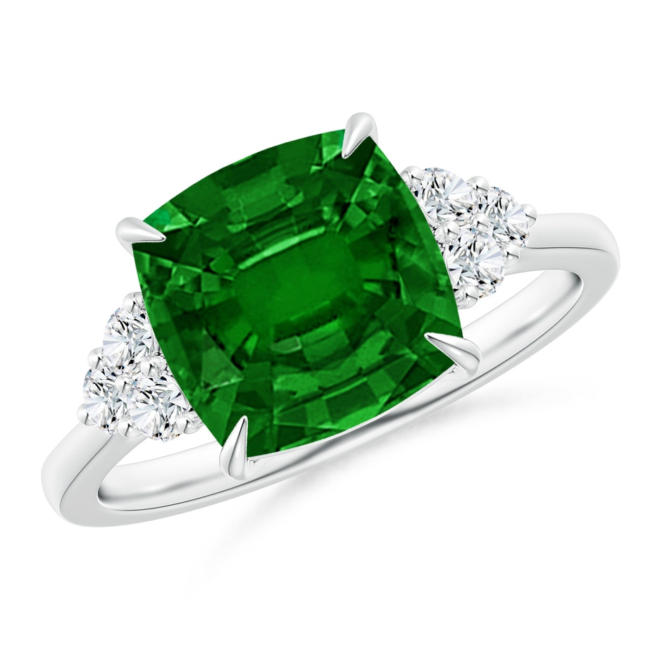 9mm AAAA Cushion Emerald Engagement Ring with Trio Diamonds in P950 Platinum 