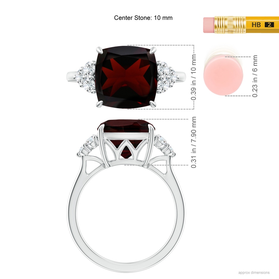 10mm A Cushion Garnet Engagement Ring with Trio Diamonds in P950 Platinum ruler