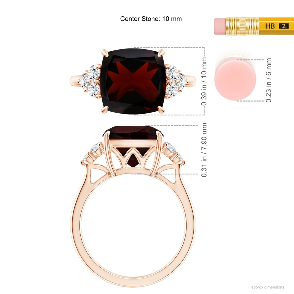 10mm A Cushion Garnet Engagement Ring with Trio Diamonds in Rose Gold ruler