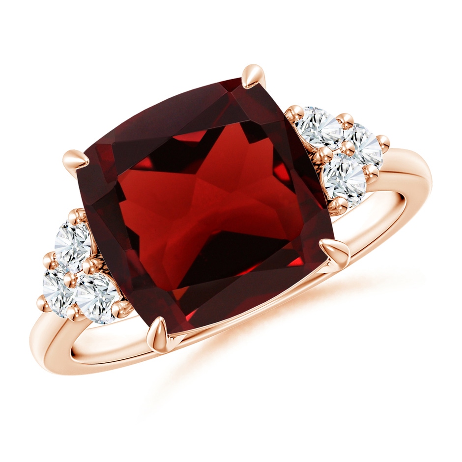 10mm AAA Cushion Garnet Engagement Ring with Trio Diamonds in Rose Gold 