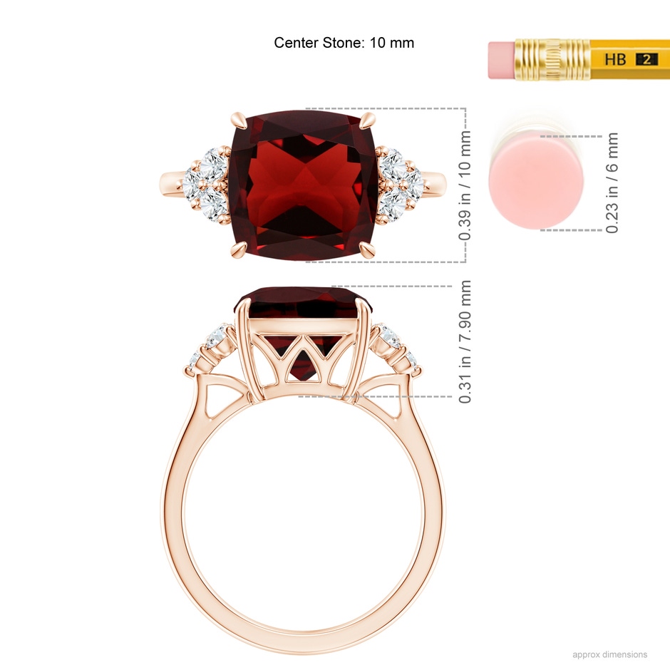 10mm AAA Cushion Garnet Engagement Ring with Trio Diamonds in Rose Gold ruler