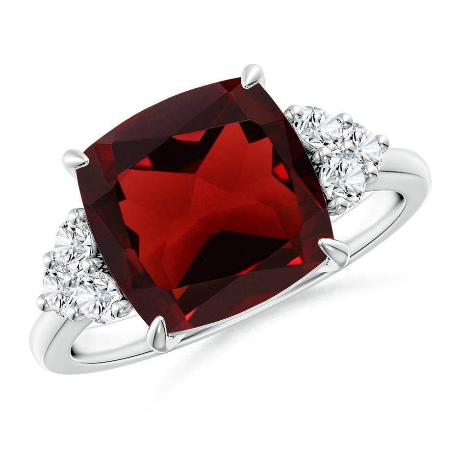 10mm AAA Cushion Garnet Engagement Ring with Trio Diamonds in White Gold 