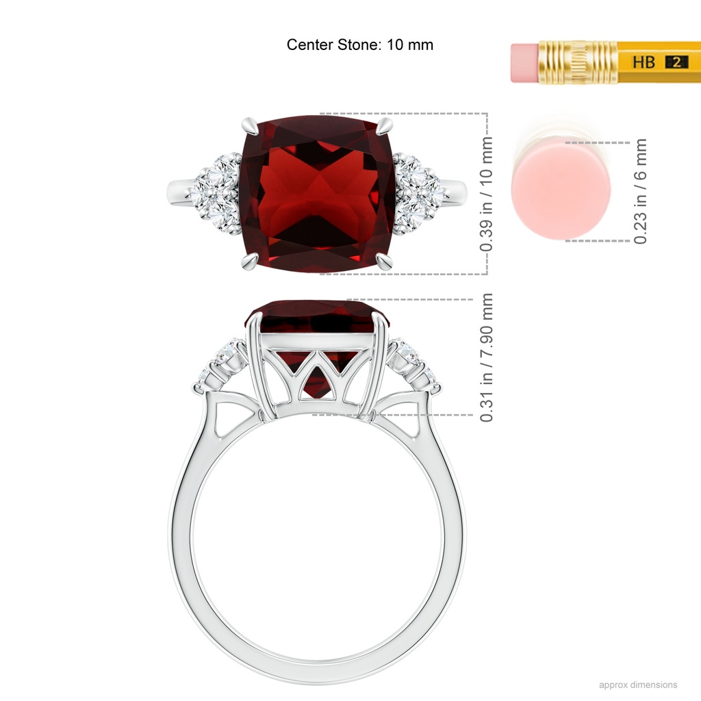 10mm AAA Cushion Garnet Engagement Ring with Trio Diamonds in White Gold Ruler