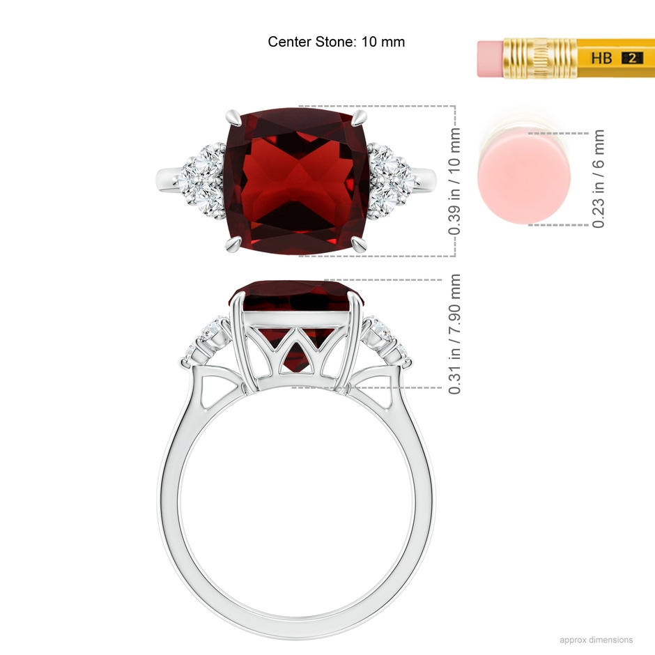 10mm AAA Cushion Garnet Engagement Ring with Trio Diamonds in White Gold ruler