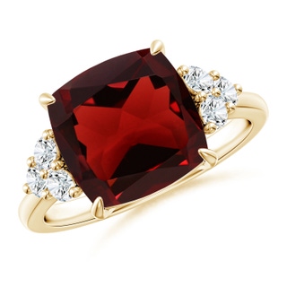 10mm AAA Cushion Garnet Engagement Ring with Trio Diamonds in Yellow Gold