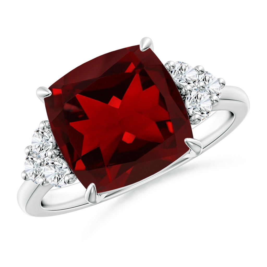 10mm AAAA Cushion Garnet Engagement Ring with Trio Diamonds in P950 Platinum