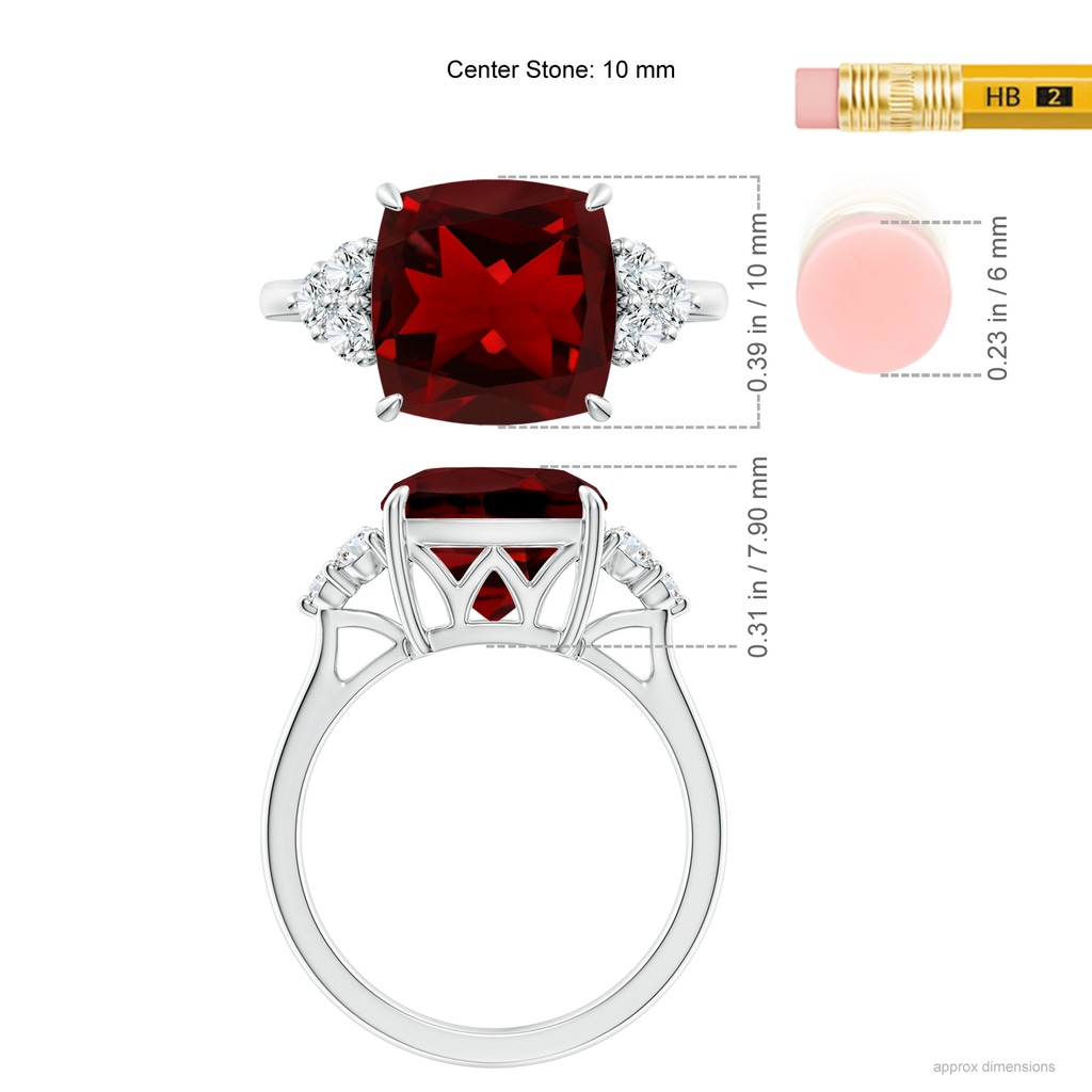 10mm AAAA Cushion Garnet Engagement Ring with Trio Diamonds in P950 Platinum Ruler