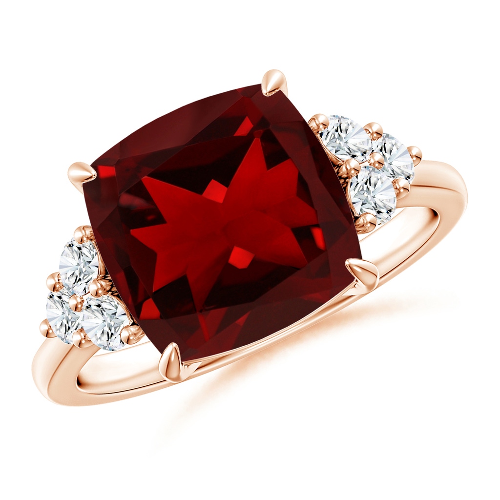 10mm AAAA Cushion Garnet Engagement Ring with Trio Diamonds in Rose Gold