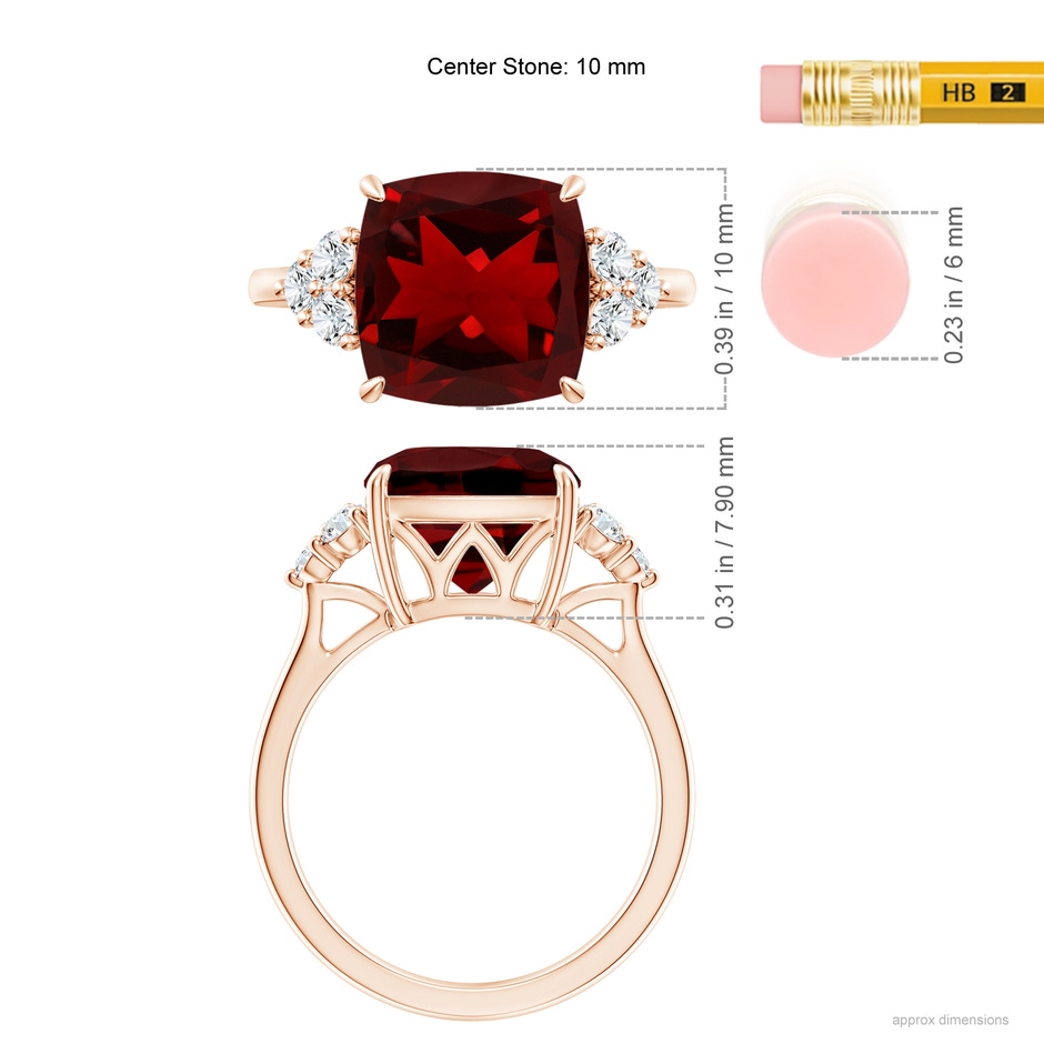 10mm AAAA Cushion Garnet Engagement Ring with Trio Diamonds in Rose Gold ruler