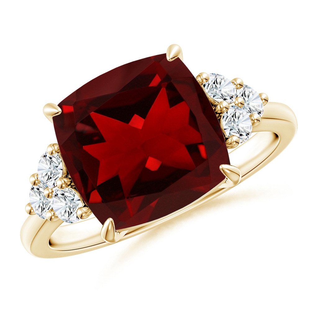 10mm AAAA Cushion Garnet Engagement Ring with Trio Diamonds in Yellow Gold