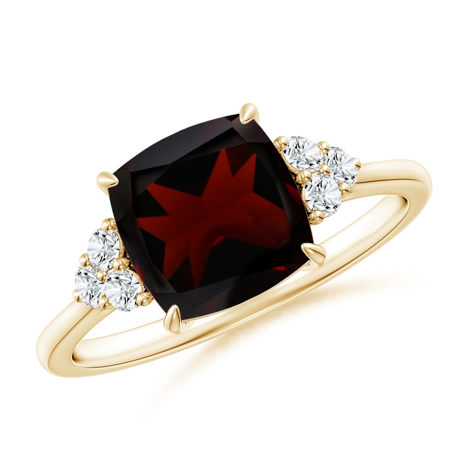 8mm A Cushion Garnet Engagement Ring with Trio Diamonds in Yellow Gold 