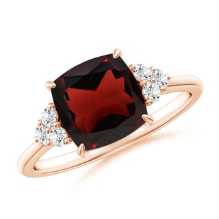 8mm AA Cushion Garnet Engagement Ring with Trio Diamonds in Rose Gold