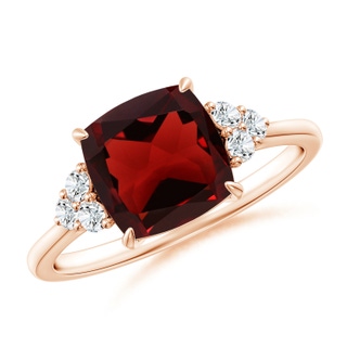8mm AAA Cushion Garnet Engagement Ring with Trio Diamonds in 10K Rose Gold