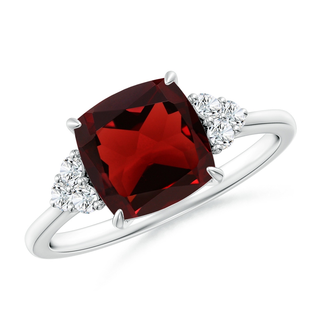 8mm AAA Cushion Garnet Engagement Ring with Trio Diamonds in White Gold