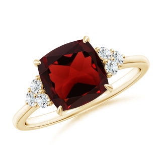 8mm AAA Cushion Garnet Engagement Ring with Trio Diamonds in Yellow Gold