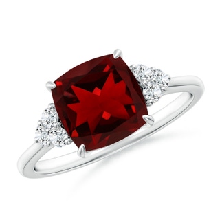 8mm AAAA Cushion Garnet Engagement Ring with Trio Diamonds in P950 Platinum