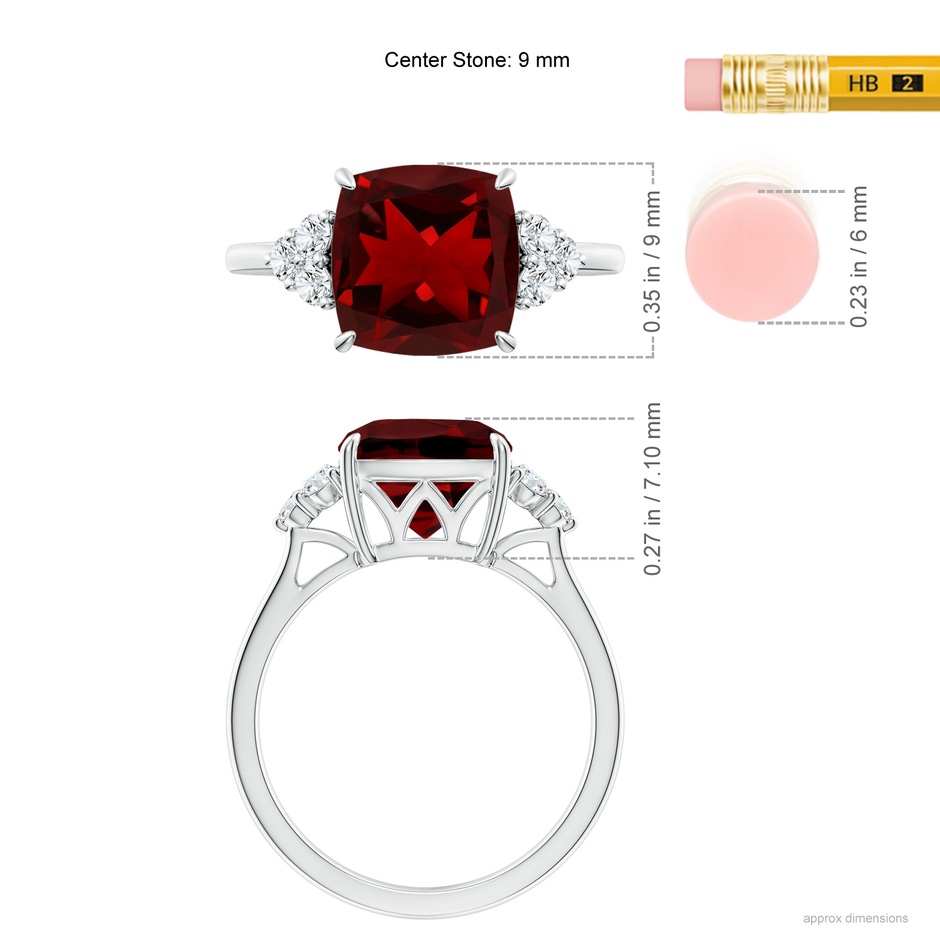 9mm AAAA Cushion Garnet Engagement Ring with Trio Diamonds in P950 Platinum ruler