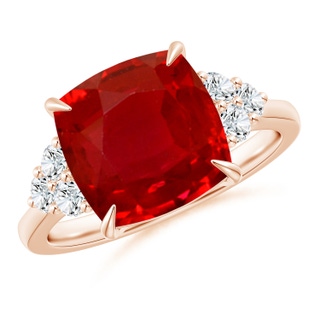 10mm AAA Cushion Ruby Engagement Ring with Trio Diamonds in Rose Gold