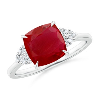 8mm AA Cushion Ruby Engagement Ring with Trio Diamonds in P950 Platinum