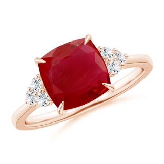 8mm AA Cushion Ruby Engagement Ring with Trio Diamonds in Rose Gold