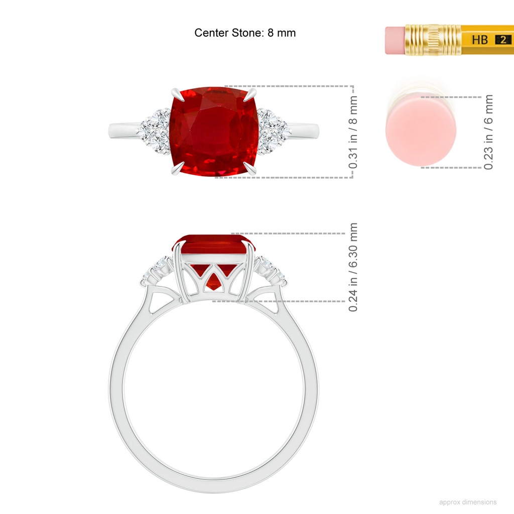 8mm AAA Cushion Ruby Engagement Ring with Trio Diamonds in P950 Platinum ruler