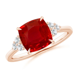 8mm AAA Cushion Ruby Engagement Ring with Trio Diamonds in Rose Gold
