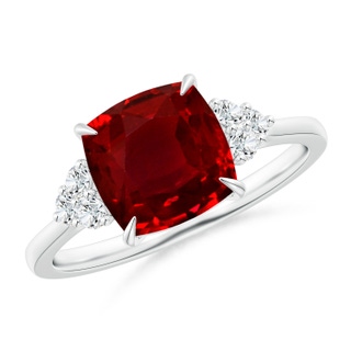 8mm AAAA Cushion Ruby Engagement Ring with Trio Diamonds in P950 Platinum