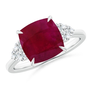 9mm A Cushion Ruby Engagement Ring with Trio Diamonds in P950 Platinum