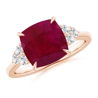 9mm A Cushion Ruby Engagement Ring with Trio Diamonds in Rose Gold