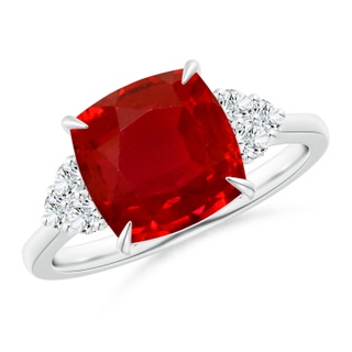9mm AAA Cushion Ruby Engagement Ring with Trio Diamonds in P950 Platinum