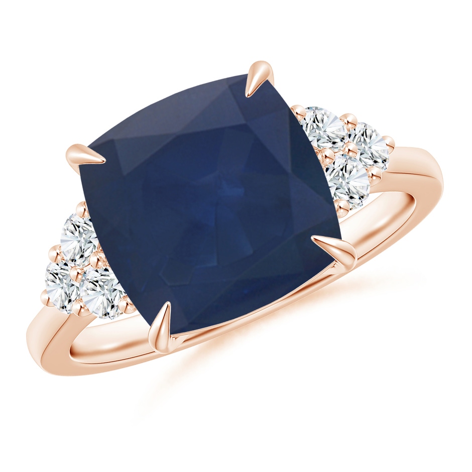 10mm A Cushion Blue Sapphire Engagement Ring with Trio Diamonds in Rose Gold 