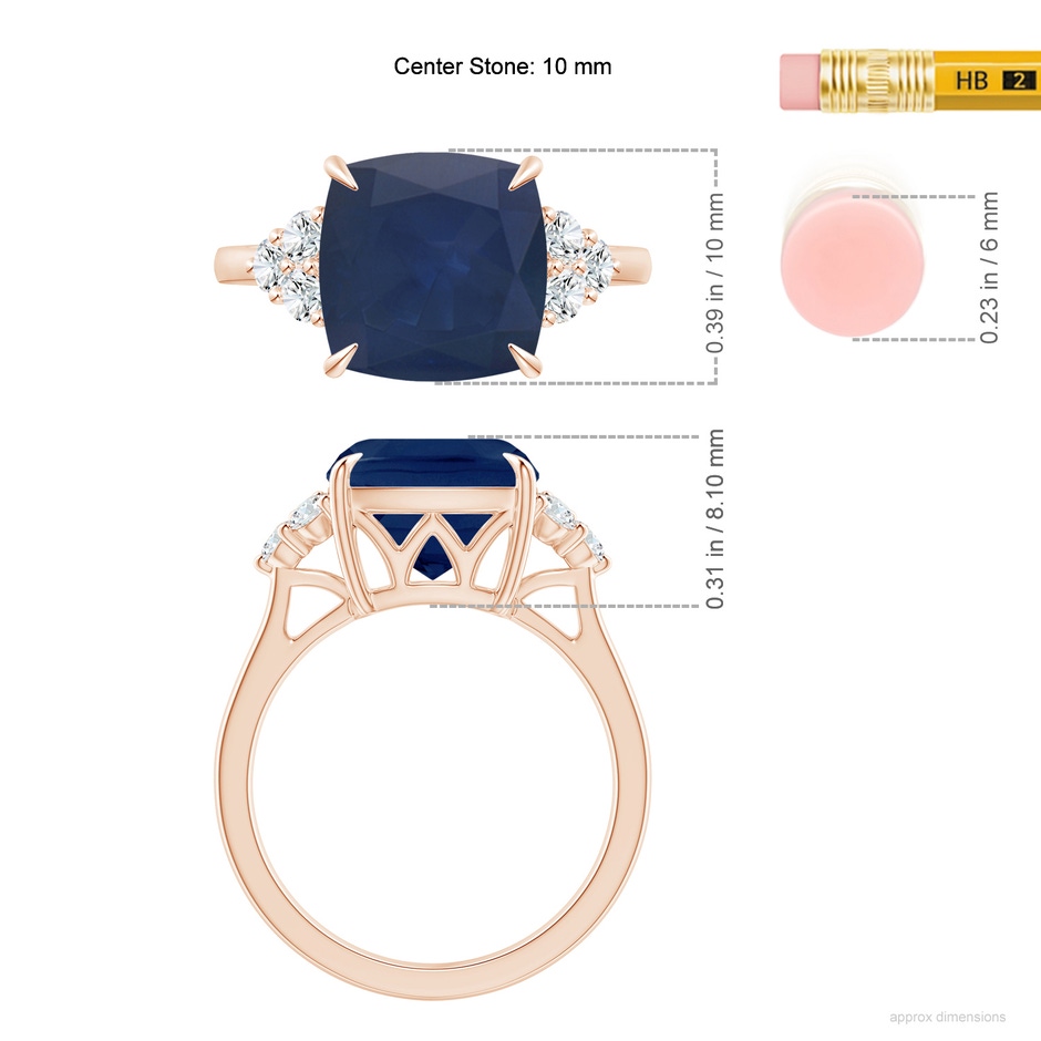 10mm A Cushion Blue Sapphire Engagement Ring with Trio Diamonds in Rose Gold ruler