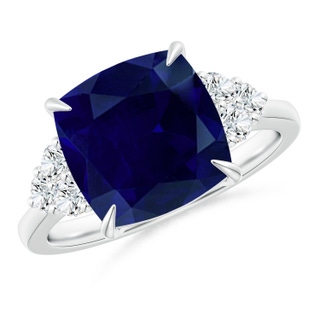 10mm AA Cushion Blue Sapphire Engagement Ring with Trio Diamonds in P950 Platinum