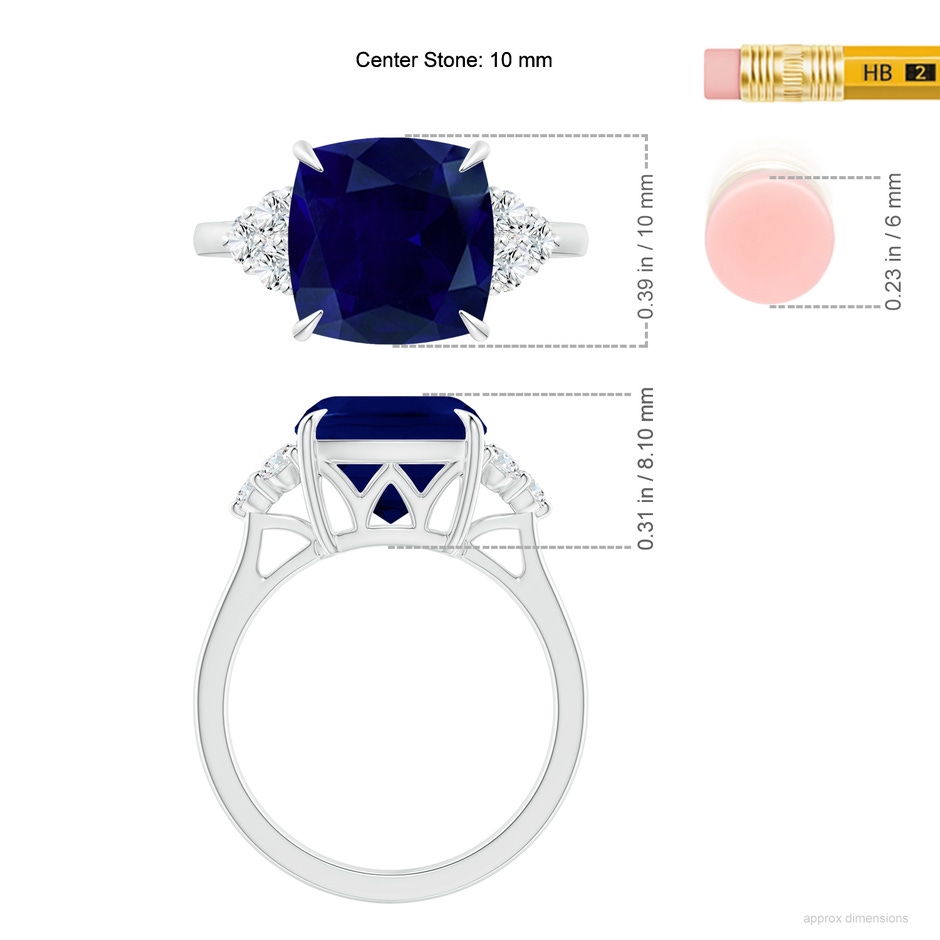10mm AA Cushion Blue Sapphire Engagement Ring with Trio Diamonds in P950 Platinum ruler