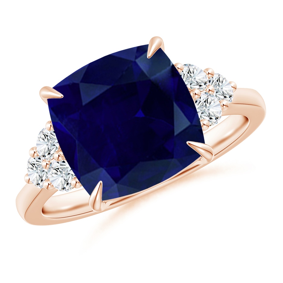 10mm AA Cushion Blue Sapphire Engagement Ring with Trio Diamonds in Rose Gold 