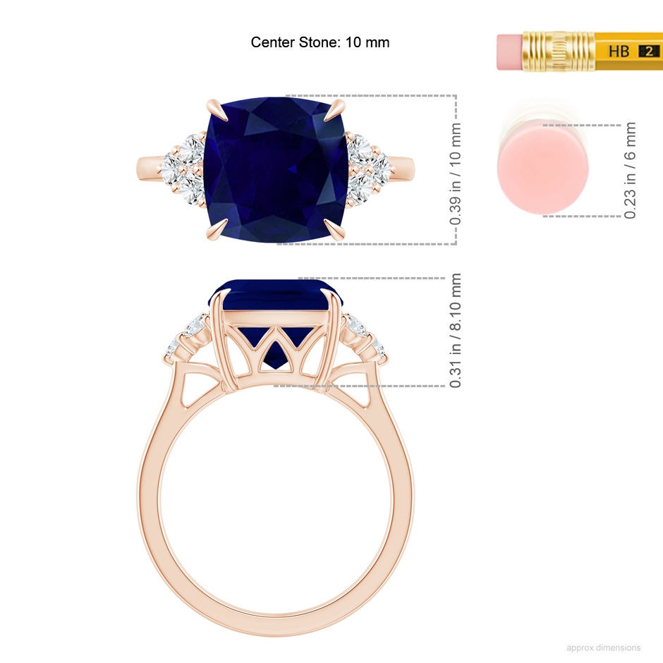 10mm AA Cushion Blue Sapphire Engagement Ring with Trio Diamonds in Rose Gold ruler