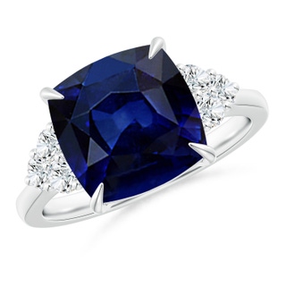 10mm AAA Cushion Blue Sapphire Engagement Ring with Trio Diamonds in P950 Platinum