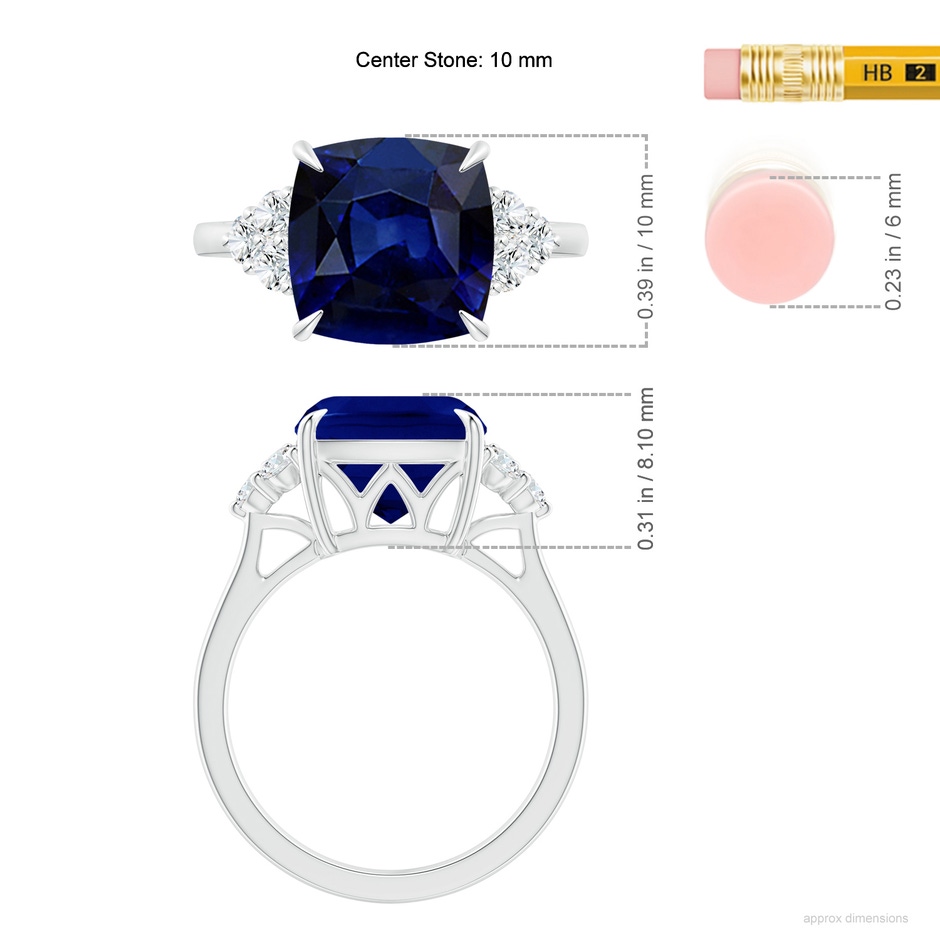 10mm AAA Cushion Blue Sapphire Engagement Ring with Trio Diamonds in P950 Platinum ruler