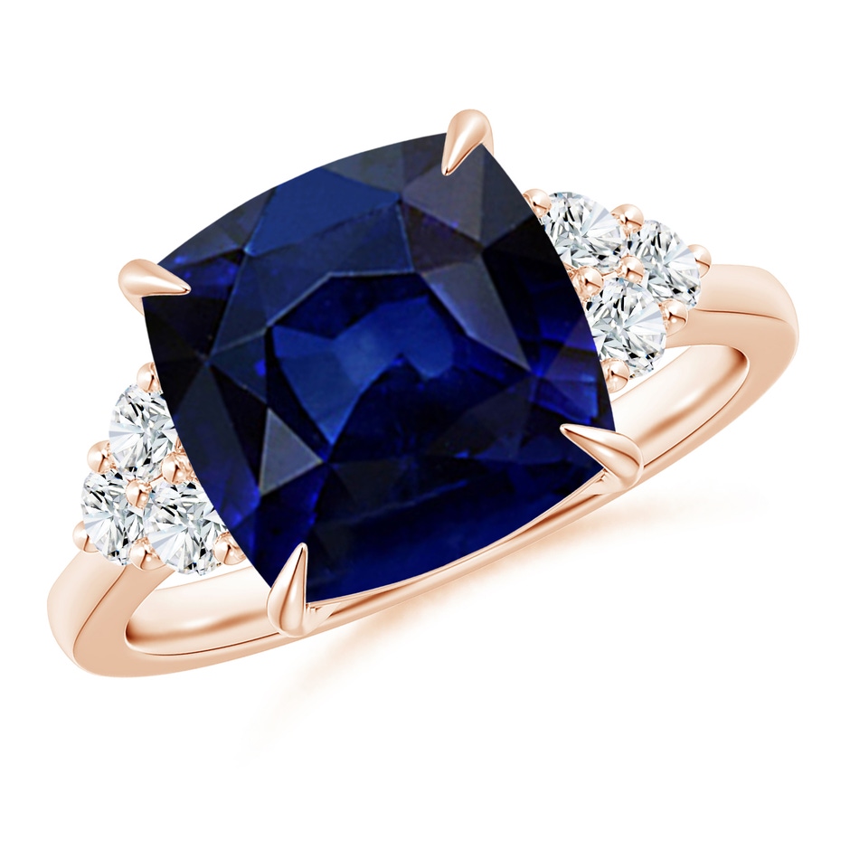 10mm AAA Cushion Blue Sapphire Engagement Ring with Trio Diamonds in Rose Gold 