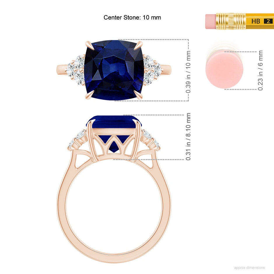 10mm AAA Cushion Blue Sapphire Engagement Ring with Trio Diamonds in Rose Gold ruler