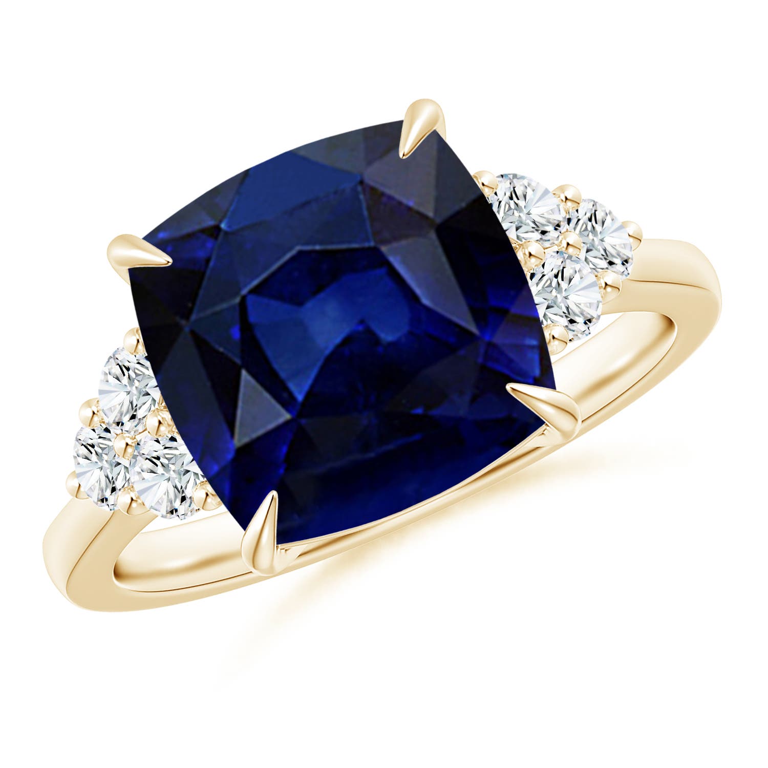 Angara 5.85 CTW Cushion Blue Sapphire Engagement Ring with Trio Diamonds in 14K Yellow Gold