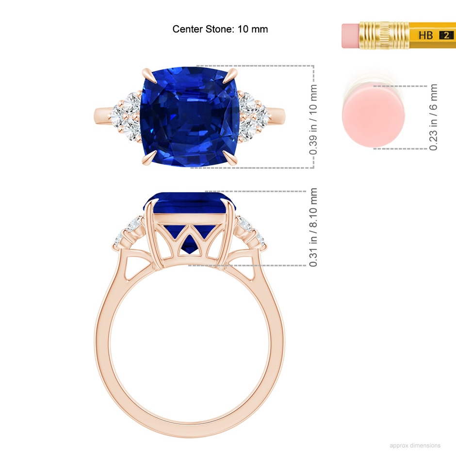 10mm Lab-Grown Cushion Blue Sapphire Engagement Ring with Trio Diamonds in Rose Gold ruler