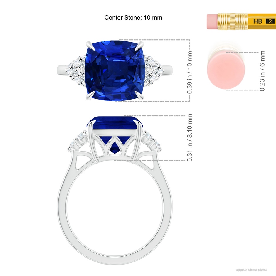 10mm Lab-Grown Cushion Blue Sapphire Engagement Ring with Trio Diamonds in White Gold ruler