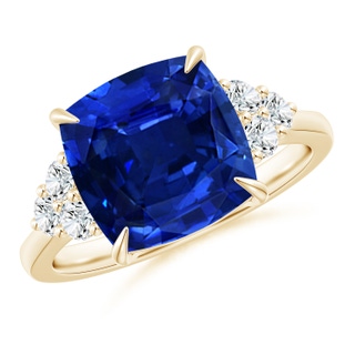 10mm Lab-Grown Cushion Blue Sapphire Engagement Ring with Trio Diamonds in Yellow Gold