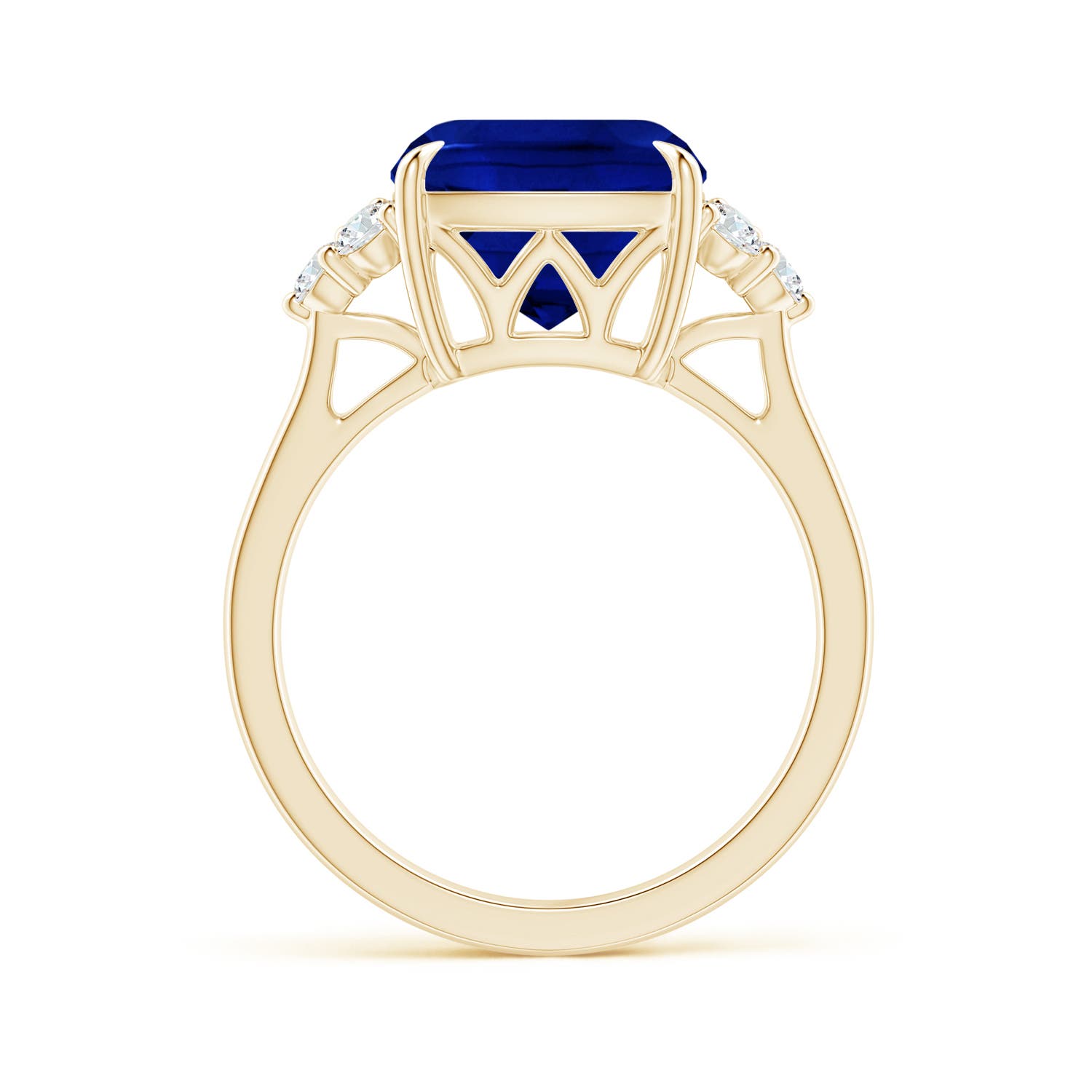 10mm AAAA Cushion Blue Sapphire Engagement Ring with Trio Diamonds in Yellow Gold - side 4