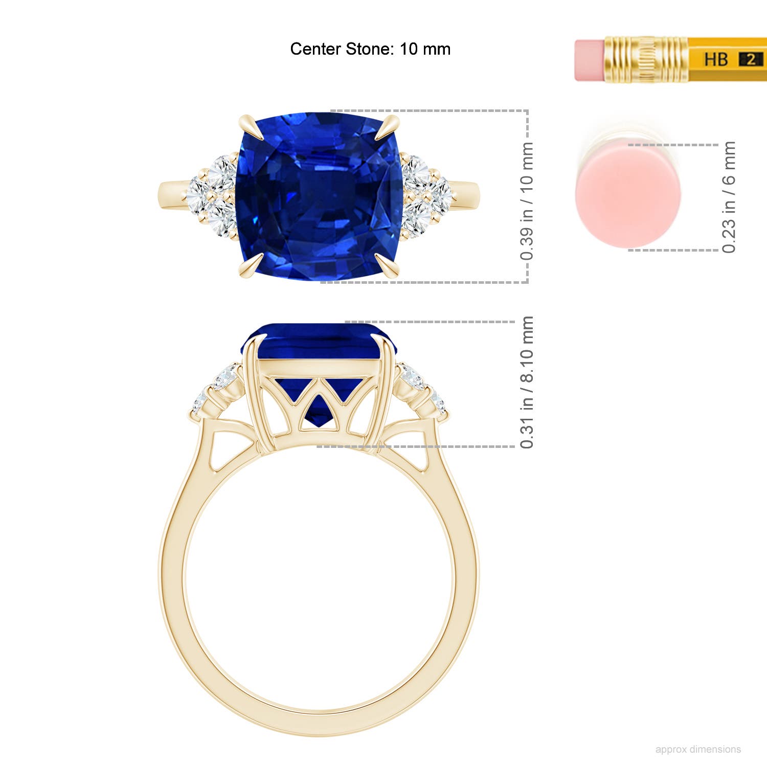 10mm AAAA Cushion Blue Sapphire Engagement Ring with Trio Diamonds in Yellow Gold - ruler