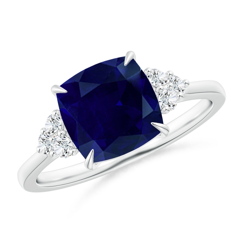 8mm AA Cushion Blue Sapphire Engagement Ring with Trio Diamonds in P950 Platinum 