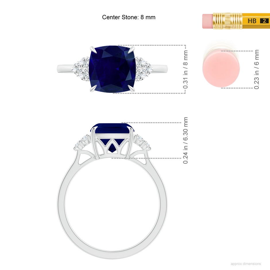 8mm AA Cushion Blue Sapphire Engagement Ring with Trio Diamonds in P950 Platinum ruler