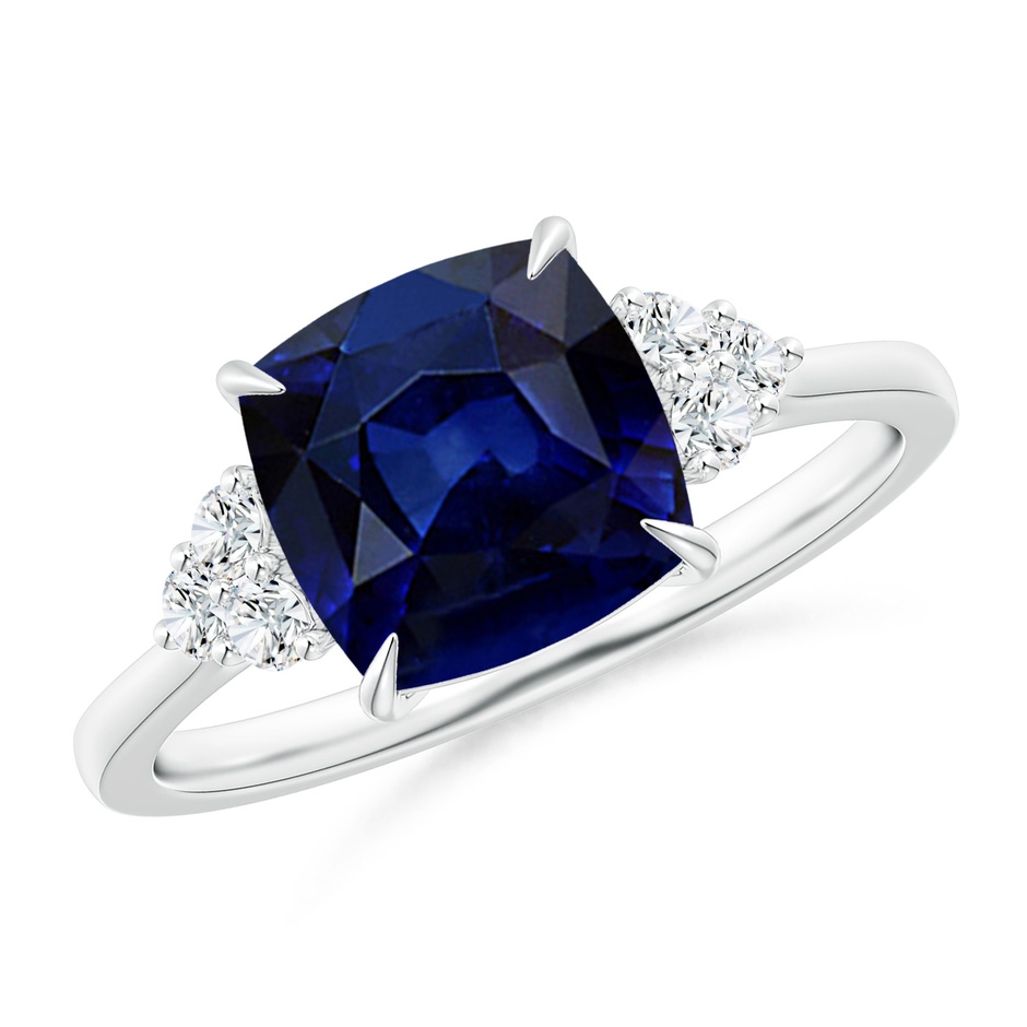 8mm AAA Cushion Blue Sapphire Engagement Ring with Trio Diamonds in White Gold 